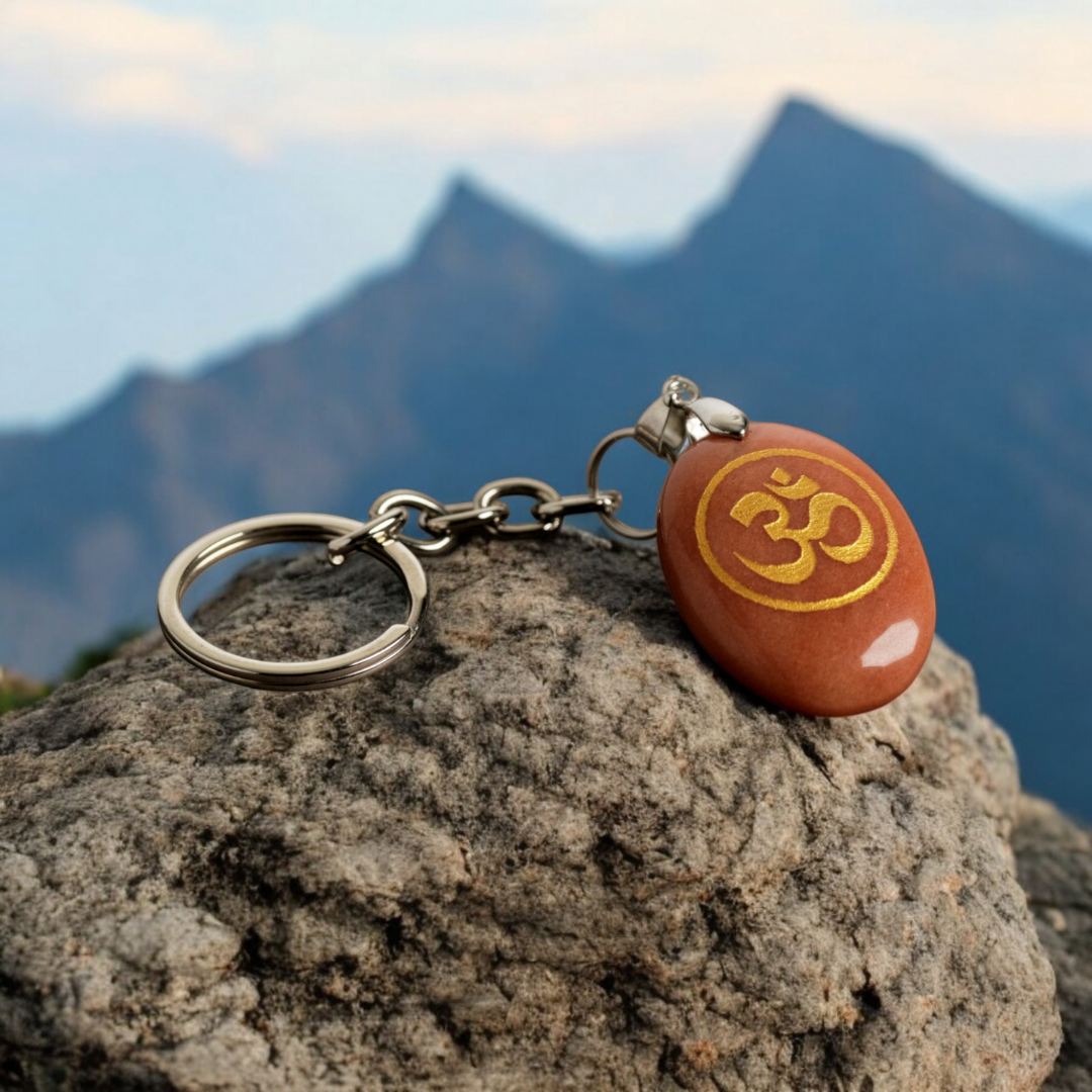 OM Symbol Engraved on Red Jasper Stone Keychain