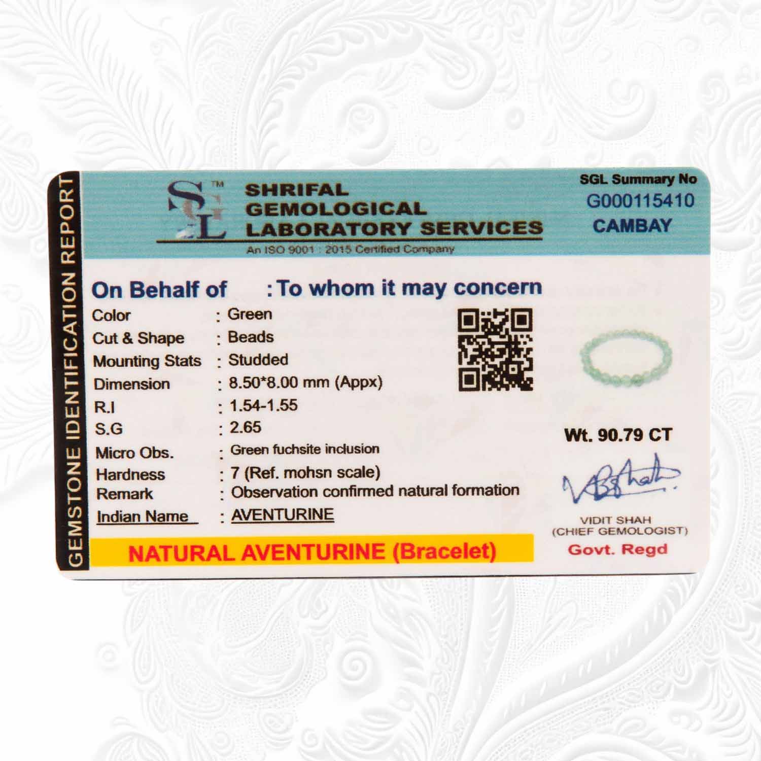 Green Aventurine Bracelet Certificate