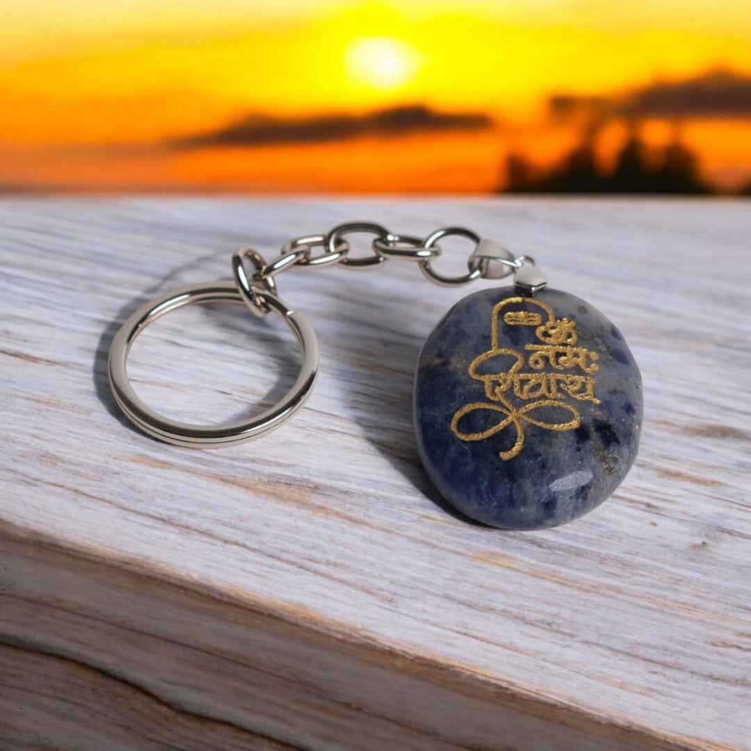 OM Namah Shivay Engraved on Sodalite Stone Keychain