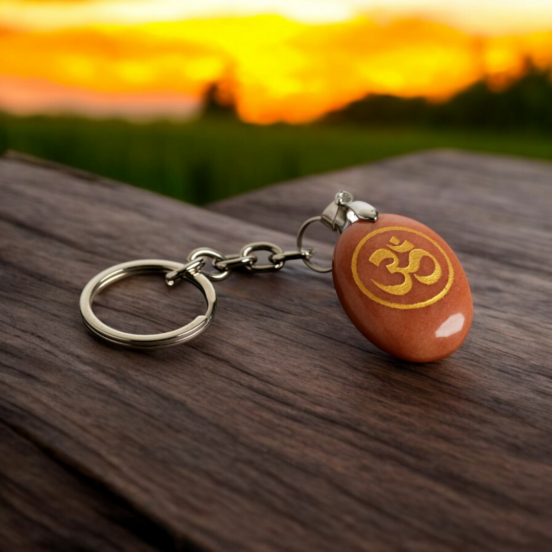 OM Symbol Engraved on Red Jasper Stone Keychain
