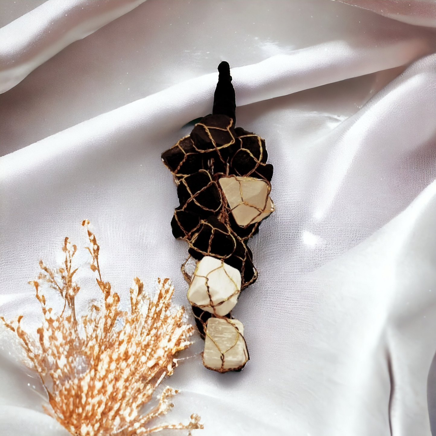 Black Tourmaline with Selenite Natural Crystal Stone Hanging