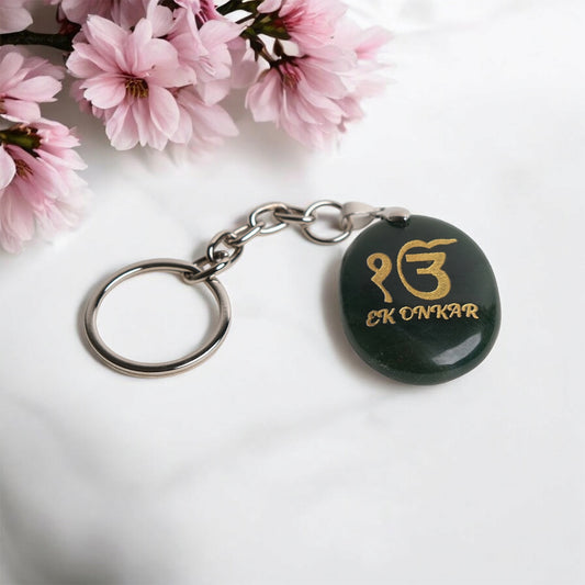 EK Onkar Symbol Engraved on Jade Stone Keychain