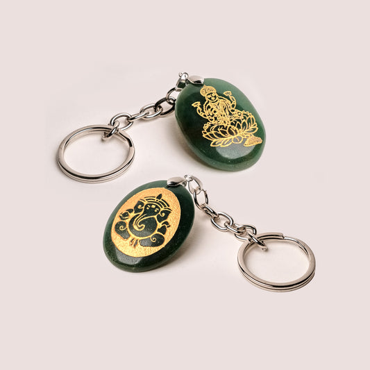 Pair of Ganeshji & Laxmiji Engraved on Jade Stone Keychain
