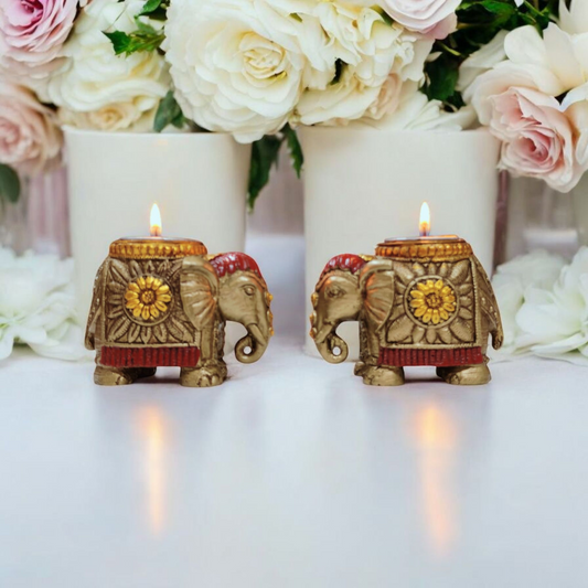 Pair of Elephant Tealight Candle Holder (Golden & Red)